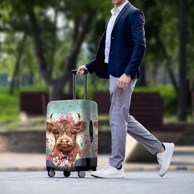 Highland Cow Suitcase Cover Flower Suitcase Protector Fits 18-21 Inch Luggage(Size S) Anti-Scratch Washable Spandex Luggage Cover Stretchable Suitcase Covers with Zipper
