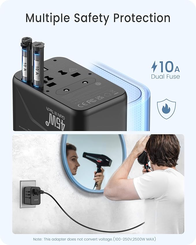 LENCENT Universal Travel Adapter, GaN III 45W International Charger with 3 USB Ports & 2 USB-C PD Fast Charging Adaptor, Worldwide Wall Charger for iPhone,Laptops, USA/UK/EU/AUS (Black-45W)