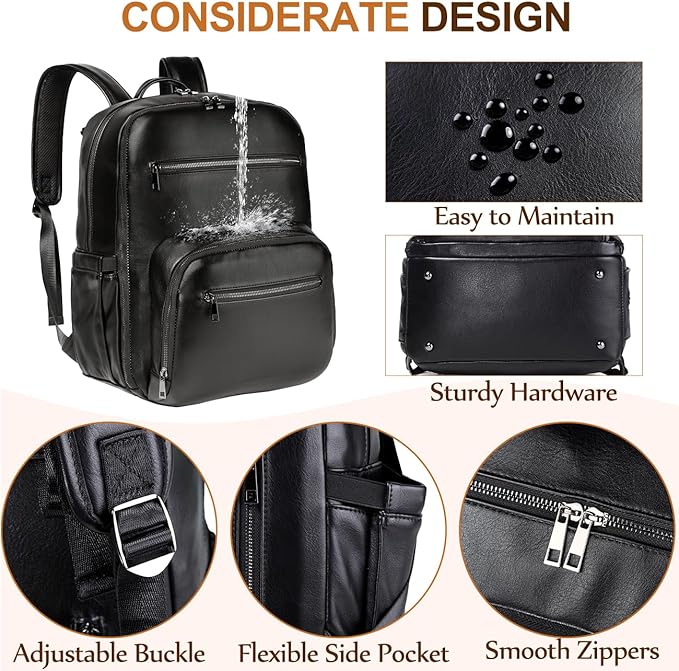 VASCHY Diaper Bag Backpack for Mum Dad, Unisex Large Waterproof Vegan Leather Baby Bag with Changing Pad,Insulated Pockets,Padded Laptop Sleeve for Travel,Black