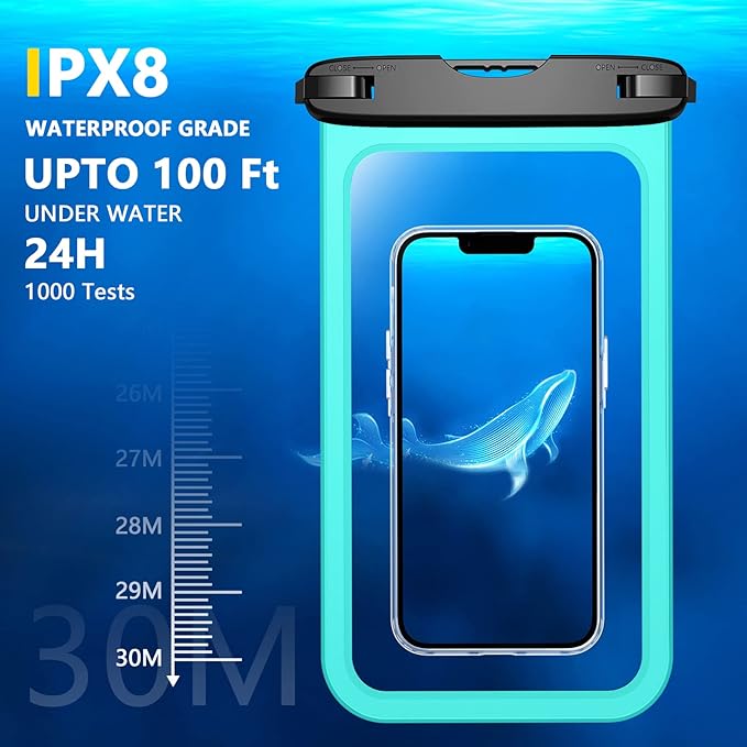 Temdan 2 Pcs Waterproof Phone Pouch, [Up to 10" Large] Universal IPX8 Waterproof Cell Phone Case Dry Bag with Lanyard for iPhone 16 Pro Max/16E/15/14/13,Galaxy S25 Ultra/S24/S23 for Vacation -Green