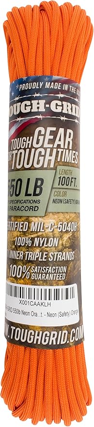 TOUGH-GRID 550 Paracord Rope Nylon Parachute Cord, Made in USA Survival Kit, Outdoor Adventures, Camping, Tactical Gear & Emergency Supplies, Military Type III Mil-Spec