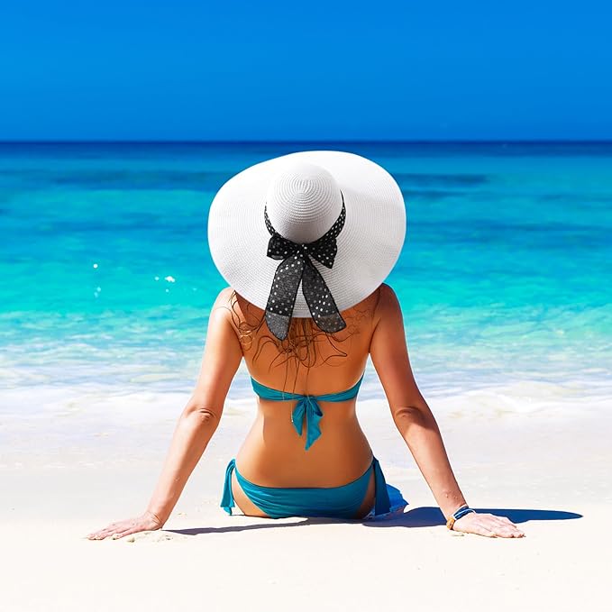 DRESHOW Beach Hats for Women Big Straw Wide Brim Summer Hat Floppy Foldable Roll up Cap Sun Hat UPF 50+