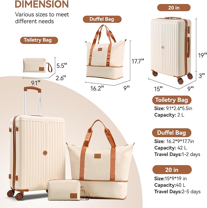 Hoteel 3 Piece Luggage Set with Spinner Wheels (4-YEAR WARRANTY), Carry on Luggage for Travel with TSA Lock, Hardshell ABS+PC Suitcase Set, 20" Suitcase + Expandable Duffel Bag + Cosmetic Bag(Beige)