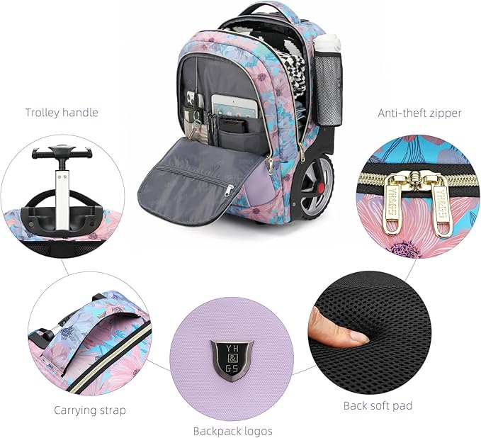 Rolling Backpack,Waterproof Backpack with Wheels for Business and Travel Commuter, Carry on Backpack with Laptop Compartment, Fit 17 Inch Laptop, Wheeled Backpack for Adults