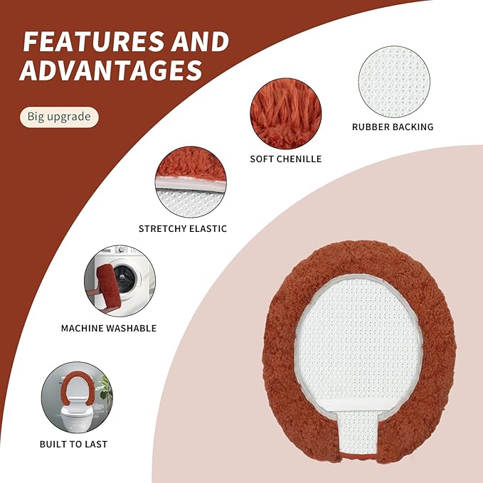Microfiber Elongated Toilet Seat Cover 19.5"x 15" Machine Washable Solid Toilet Lid Cover Adjustable Rubber Backing Fits Most 18-19.5" L x 14-16" W Elongated Toilet Seat