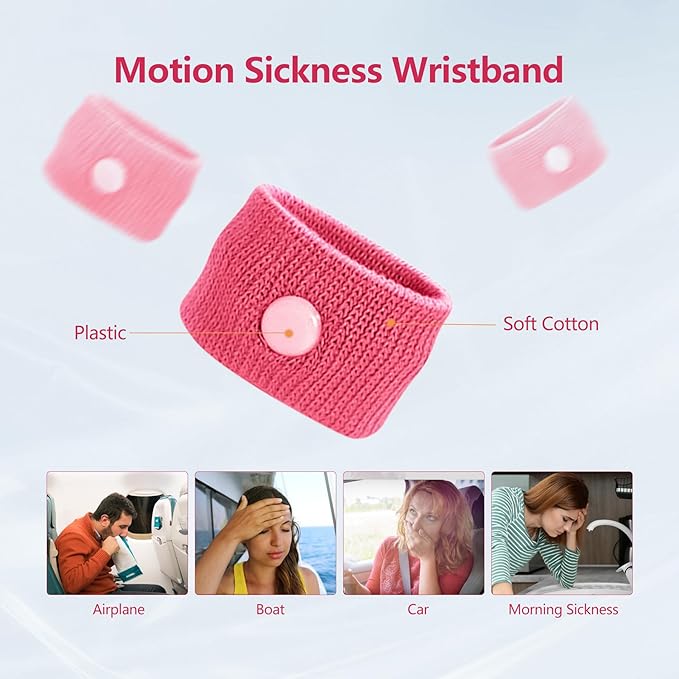 Motion Sickness Wristband, Anti-Nausea Acupressure Wrist Band for Nausea Relief, Dizziness and Vomiting from Car Sea Boat Flying Travel Sickness for Adults and Kids (Rose Red, Large, 2 Pairs)
