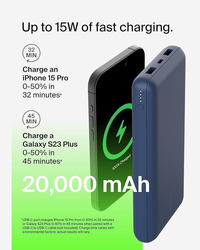 Belkin Portable Charger, USB C Power Bank 20000 mAh w/ 2 USB-A Ports, 15W w/ Type-A to Type-C Cable for iPhone 16, 15, Plus, Pro, Max, Samsung Galaxy S25, S24, Google Pixel 10, iPad, etc. - Blue