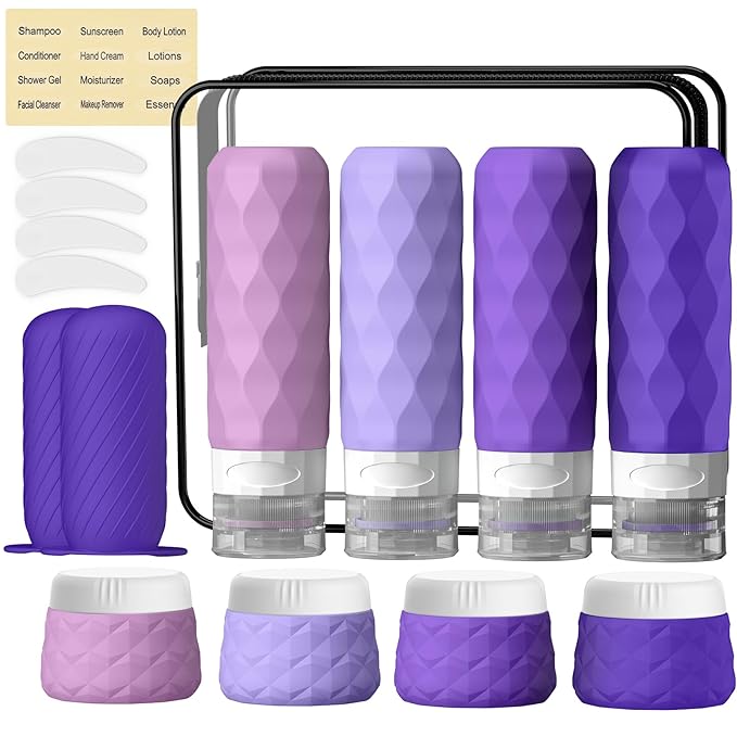 16Pack Travel Bottles for Toiletries, TSA Approved Travel Size Toiletries Containers Set, Silicone Leak Proof Refillable Bottles Elastic Sleeves Creams Jars Accessories Kit W/Clear Bag (Purple)