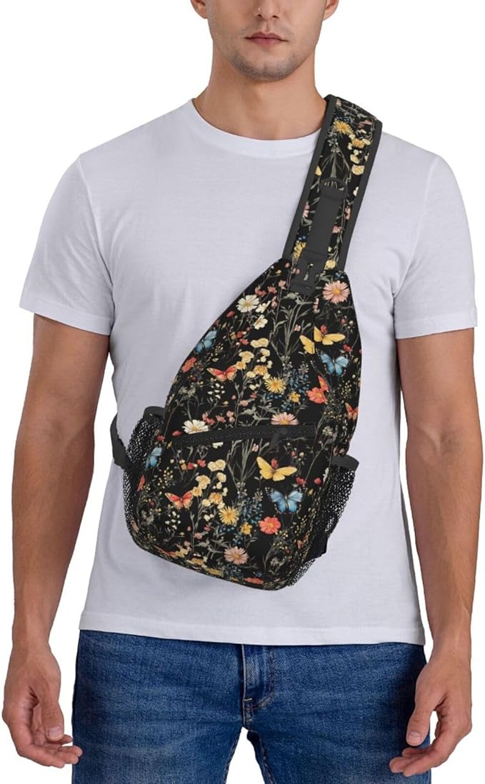SUPLUCHOM Sling Bag Wildflower Botanical Butterfly Flower Hiking Daypack Crossbody Shoulder Backpack Travel Chest Pack for Men Women