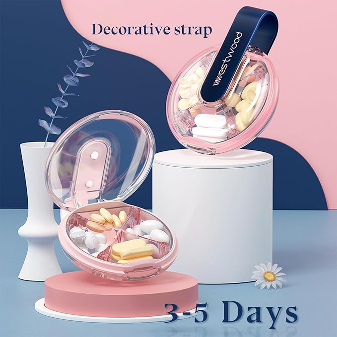 1 Pack Easy-to-Hold Small Round Blue Pill Organizer with Decorative Strap, 4 Compartments, Compact Travel Pill Box Case, Portable and Moistureproof to Store Vitamins, Medication and Supplements