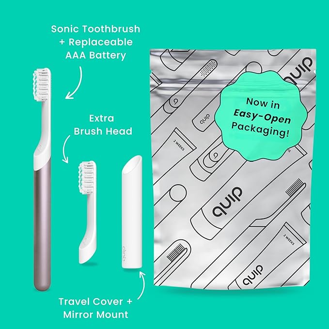 Quip Metal Sonic Toothbrush, Electric Toothbrush for Adults –Time Travel & Soft Bristles with Travel Case & Replaceable Brush Head -3-Month Battery Life - Dusk Plum