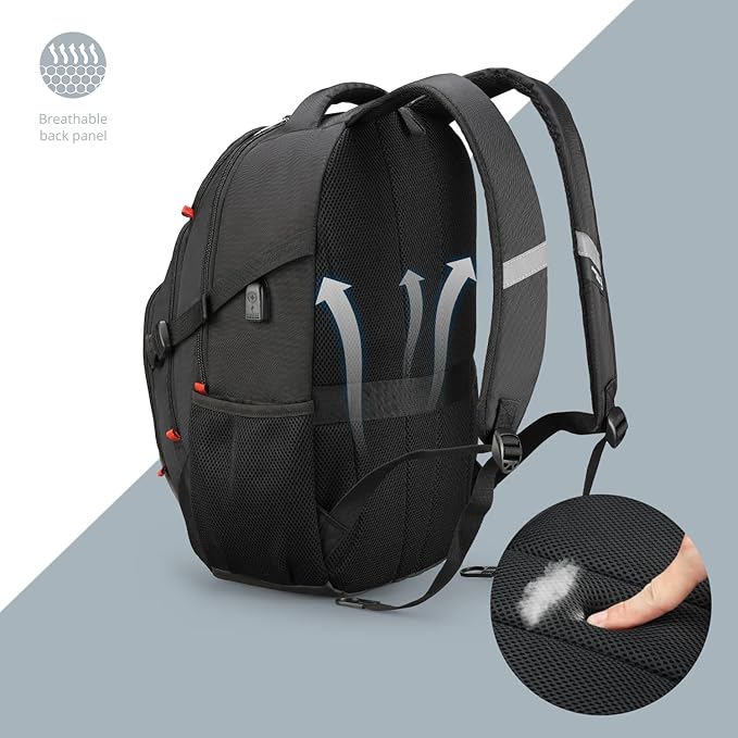 Swissdigital Design Laptop Backpack with USB Charging Port, TSA Travel Backpack Fits 15.6 inches Computer, 31L College School Backpack for Men, Black | SD803