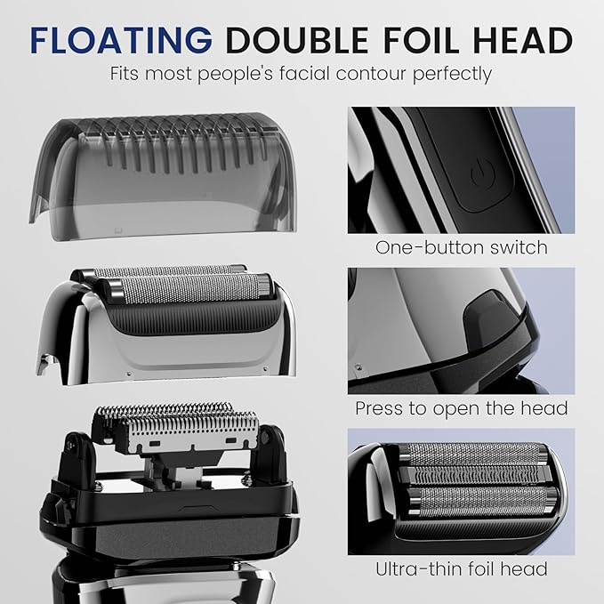 PRITECH Foil Shaver for Men, Electric Razor with Tight Foil Technology, Skin-Friendly Design, Easy Blade Replacement, Cordless Rechargeable with Pop-Up Trimmer, LED Display,Waterproof