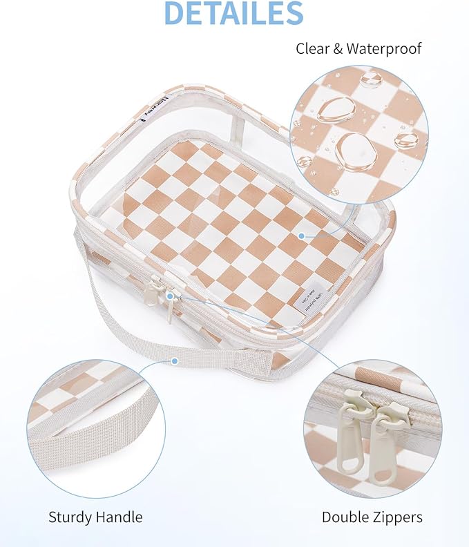Narwey TSA Approved Clear Toiletry Bag for Travel, Waterproof PVC Clear Makeup Bags, Portable Compact Cosmetic Bag Make Up Organizer, Airport Airline Quart Size Compliant Bag (Light Checkerboard)