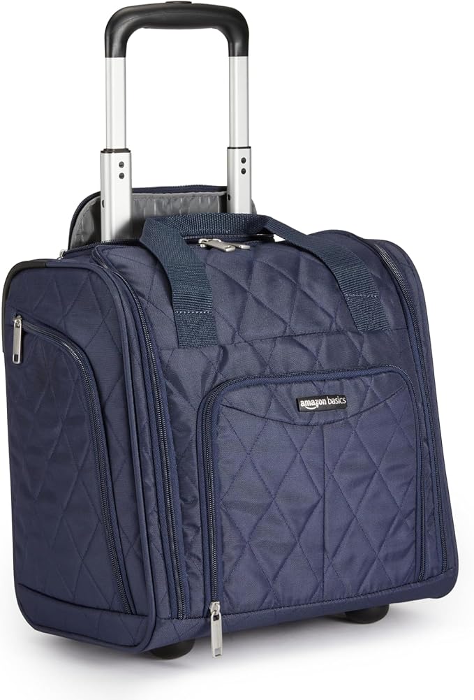 Amazon Basics Underseat Carry On Luggage with Wheels - 14" Rolling Travel Bag, Navy Quilted
