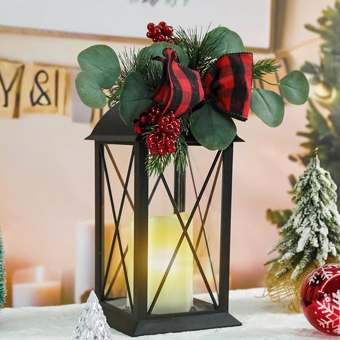 Christmas Outdoor Decor Lanterns 2 Pack, 11" Waterproof Battery Powered LED Hanging Lanterns with Flamessless Candle for Tabletop, Front Porch, Entrance, Indoor, Gift for Women