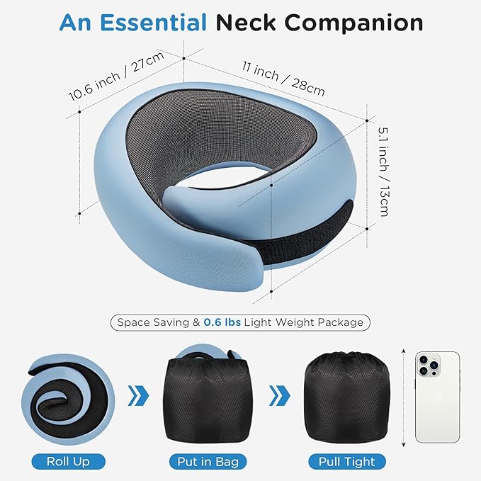 Neck Pillow Airplane,100% Pure Memory FoamTravel Neck Pillow Travel Neck Support Ergonomic &Portable Design Best for Sleeping Plane Car Train Office Flight (Light Blue)