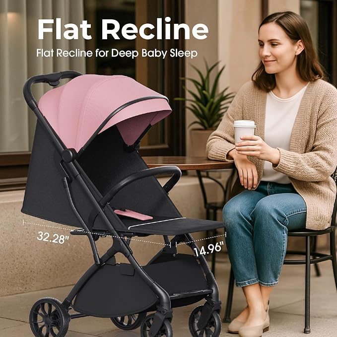 newyoo Baby Travel Stroller, Compact & Airplane-Friendly, Lightweight Infant/Toddler Stroller w Telescoping Handle, Cup Holder & Storage Pocket, One-Hand Easy Fold, Near Flat Recline Seat, TR18, Pink