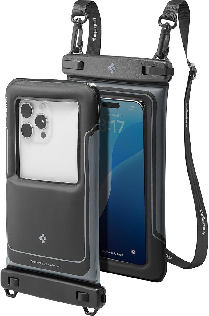 Spigen Aqua Shield 2 Pack Floating Waterproof Phone Pouch A611P for All Phones with Detachable Lanyard, Travel Essentials for Outdoors Activities, Kayak/Cruise/Beach - Black