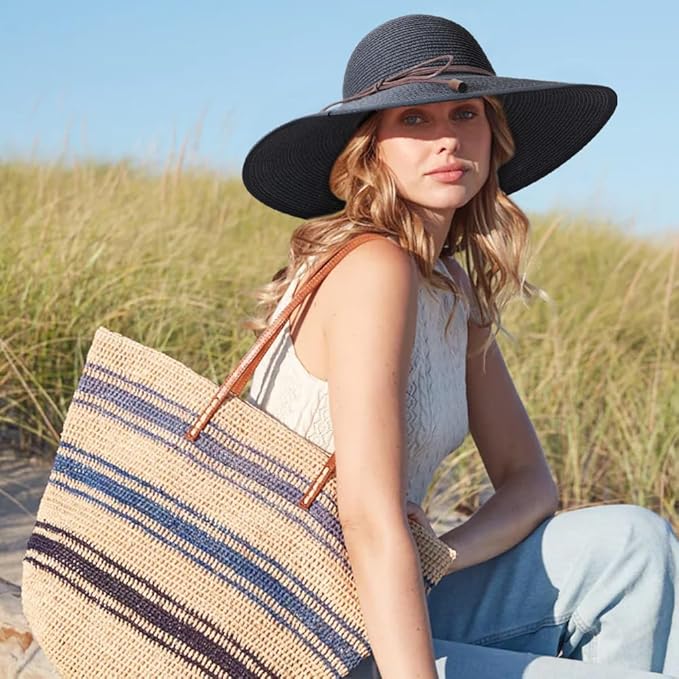 DRESHOW Beach Hats for Women Big Straw Wide Brim Summer Hat Floppy Foldable Roll up Cap Sun Hat UPF 50+