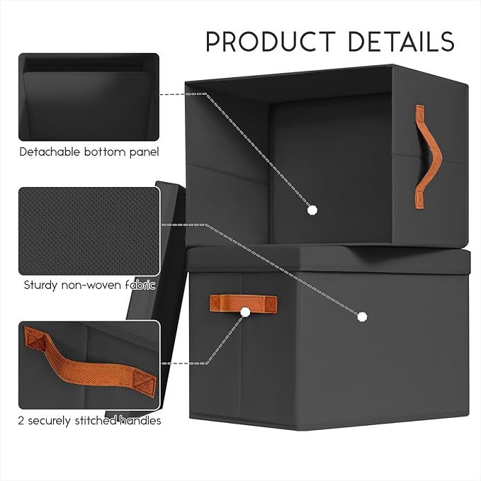 Storage Bins with Lids - Large Fabric Closet Bins with Lid, 6 Pack Clothes Organizers and Storage, Collapsible Stackable Cube Basket for Home, Office, Dorm, Black
