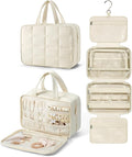 BAGSMART Travel Toiletry Bag with Jewelry Organizer, Hanging Travel Bag for Toiletries, Puffy Makeup Cosmetic Bag Organizer, Carry-on Travel Accessories Essentials, Beige-L