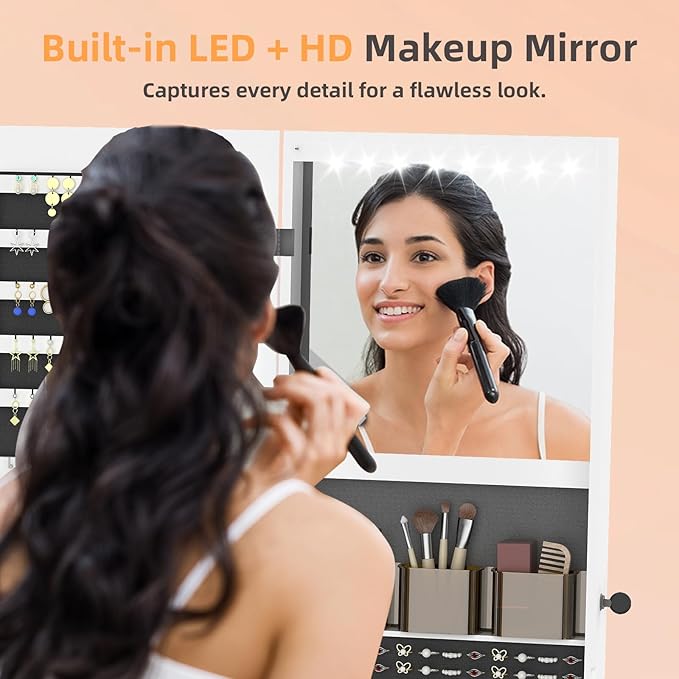 RQZ 360° Rotating Jewelry Organizer with Lights, 8 LEDs Jewelry Cabinet Armoire Standing, Lockable Jewelry Storage with Full-Length Mirror, 4 Storage Shelves, Interior Mirror(65.35" H)