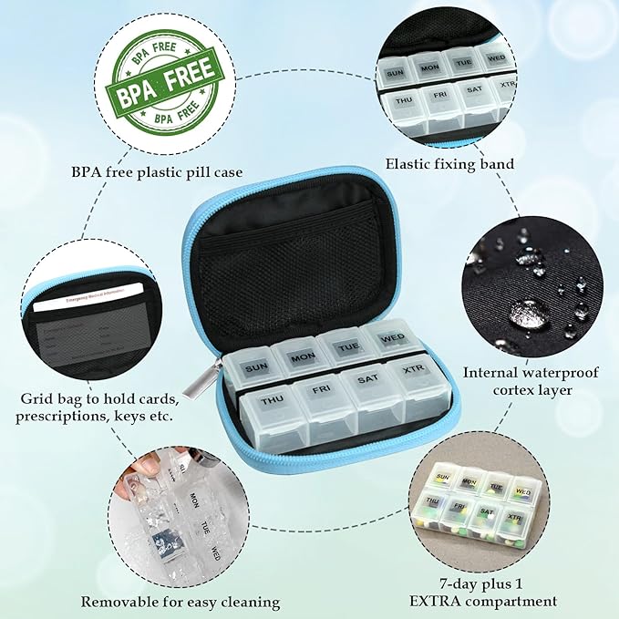 Serfeymi Weekly Travel Pill Organizer Pill Case for Purse with Removable 7 Day Pill Box, Fashionable Travel Medicine Organizer Pill Container for Medicine, Vitamin, Supplement - Blue 03 + Pill Box
