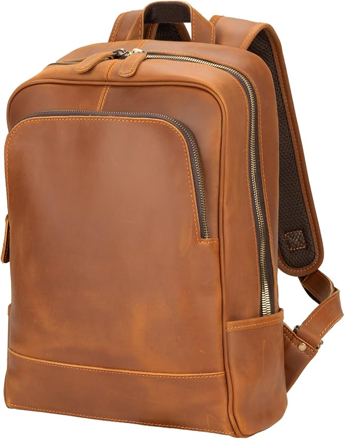 Leather Backpack for Men 15.6" Laptop Backpack 100% Madagascar top-Grain Leather Backpack Light Brown Medium Size