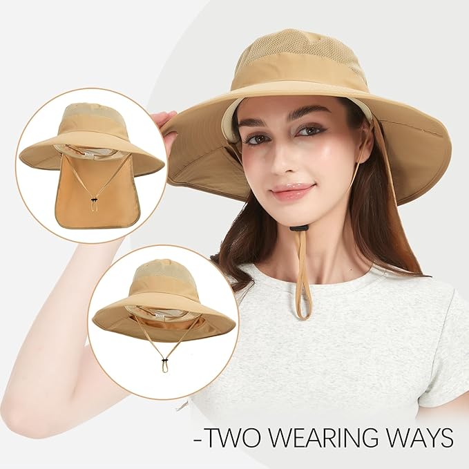 Fishing Hat Breathable Wide Brim Sun Hats with Neck Flap Bucket Hat Outdoor Safari Hat for Men Women UPF 50+ Sun Protection