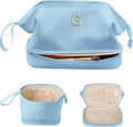 Gifts for Her, Initial Large Makeup Bags, Personalized Double Layer Cosmetic Bags with Makeup Brush Organizer, Waterproof PU Leather Travel Toiletry Bags for Wedding & Bridesmaid Gifts