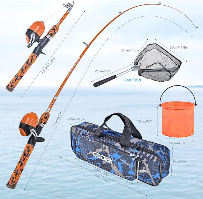 CODEK Kids Fishing Pole Set with Full Starter Kits 2 Set Portable Telescopic Fishing Rod and Spincast Reel Cambos with a Fishing Net and 2 Buckets for Boys Girls and Youth