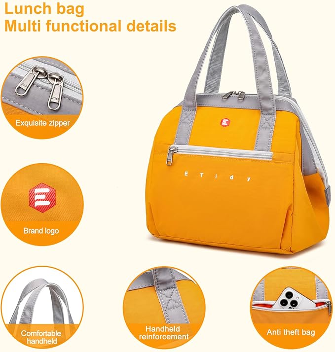 ETidy Fashionable & Lightweight Reusable Lunch Bag Large Capacity Waterproof & Leak Proof Lunch Box Insulated Cooler Lunch Tote For Women Adult To Work Travel Outdoor(Yellow)