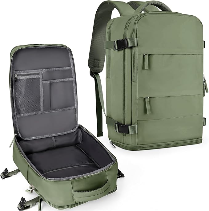 coowoz Large Travel Backpack For Women Men,Carry On Backpack Flight Approved,Hiking Backpacks Waterproof Outdoor Rucksack Casual Daypack Travel Bag Essentials Personal Item Backpack(Gray Green-L)