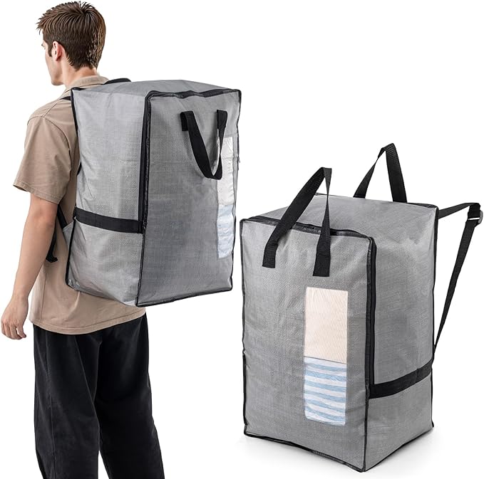 TAILI 2 Pack Gray Moving Bags w/Adjustable Backpack Straps, Moving Supplies, Moving Boxes Alternative, Heavy Duty Storage Totes for College Packing, Camping Backpack for Travel, Dorm, Laundry