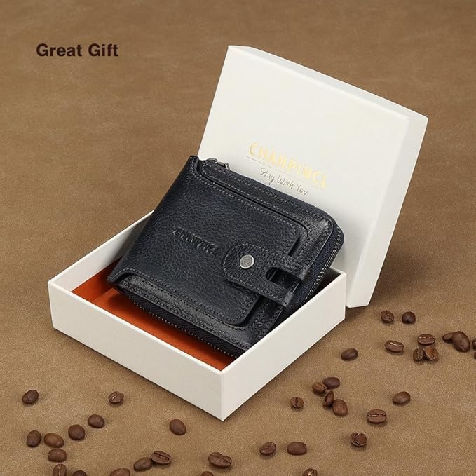 Men's brand buckle driver's license zipper genuine leather wallet, large capacity, multifunctional coin pocket (Bluish grey)