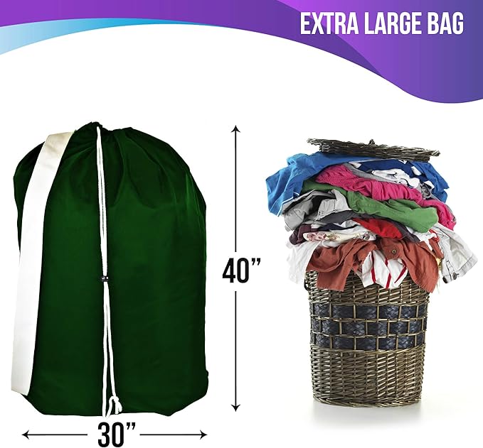 American Laundry Bags | Backpack with Shoulder Strap 2 piece set | Heavy Duty Clothes Holder | Travel Hamper for College Dorm | Portable Wash Bag | Green color | 30" x 40" size | Made in the USA