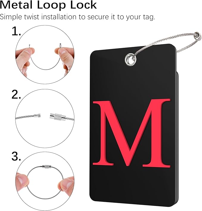 Gostwo 2 Pack Luggage Tags for Suitcases, 26 Initial Letter Travel Luggage Baggage Identification Labels ID Tag Fully Bendable Tags with Stainless Steel Loop (Black) (Letter M)