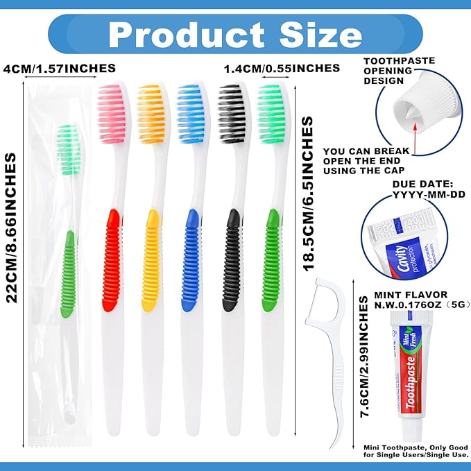 Disposable Toothbrushes with Toothpaste and Floss,50pcs Single Use Individually Wrapped Disposable Travel Toothbrushes and Dental Floss Kit Bulk for Homeless,Airbnb,Dentist,Hotel(5 Colors)
