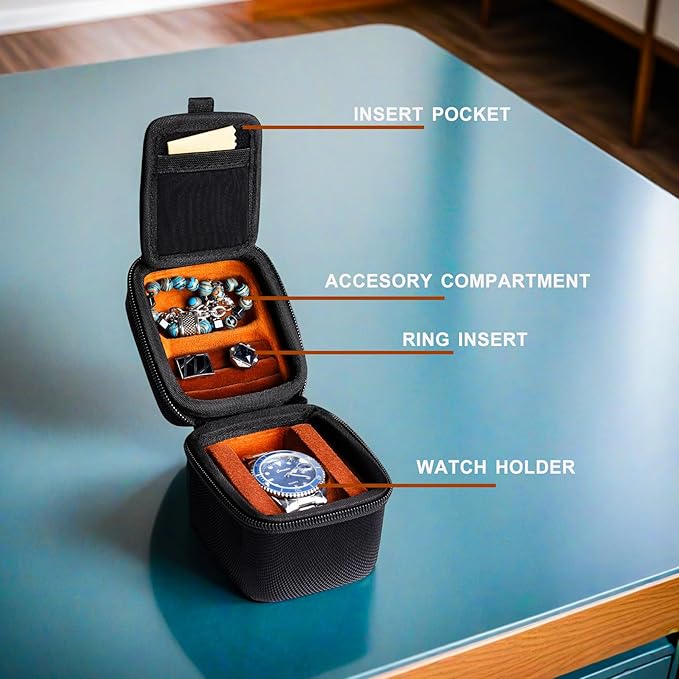 single watch travel case, hard watch case with/compartment for jewelry organizer, rings bracelet cufflink organization