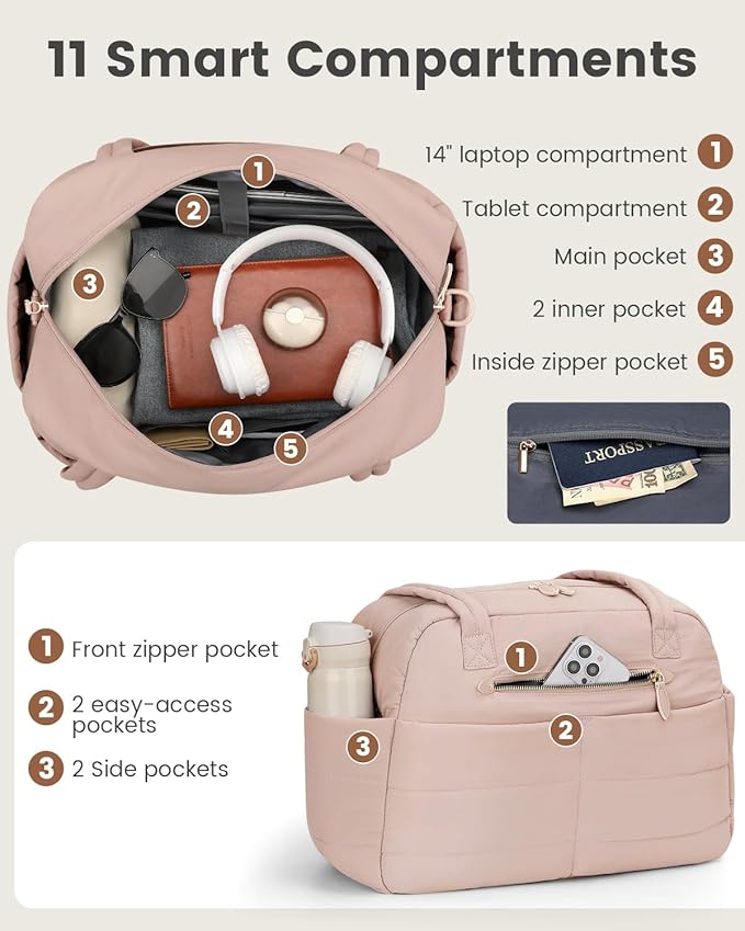 Travel Duffle Bag,Puffer Carry On Duffel Bag with Laptop Compartment Waterproof Overnight Weekender Bags for Women Large Hospital Tote Bags for Labor and Delivery (Medium,Pink)