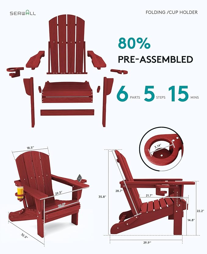 SERWALL Adirondack Chair with Cup Holders - Composite Adirondack Chairs Set of 2 HDPE Outdoor Chairs All Weather Use- Dark Red