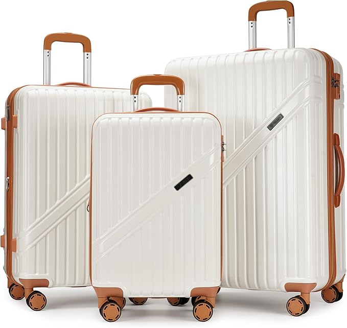 GinzaTravel Luggage Sets 3-Piece Expandable Suitcases with Wheels PC+ABS Durable Hardside Luggage sets TSA lock（White + Brown）