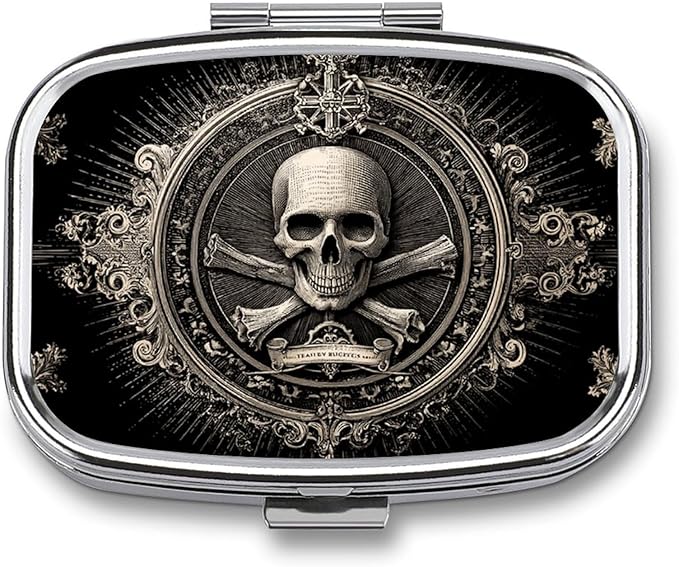 Metal 2 Compartment Pill Organizer Travel Friendly Portable Compact Pill Box Cute Pill Case,for Pocket Wallets Daily Portable Medicine Vitamin Tablet Storage (Skull)