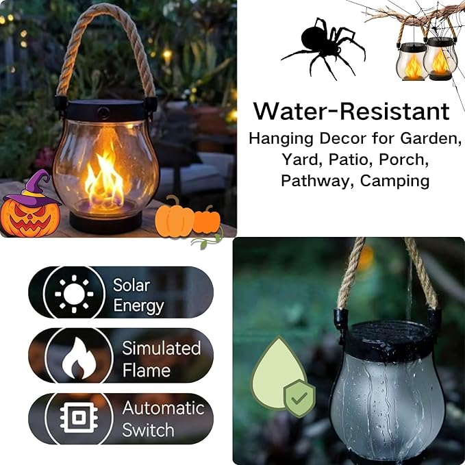 Solar Lantern Outdoor Lights, Flickering LED with Hemp Rope Handle, Dual Charging (Solar & USB), Water-Resistant Hanging Decor for Garden, Yard, Patio, Porch, Pathway, Camping (3)