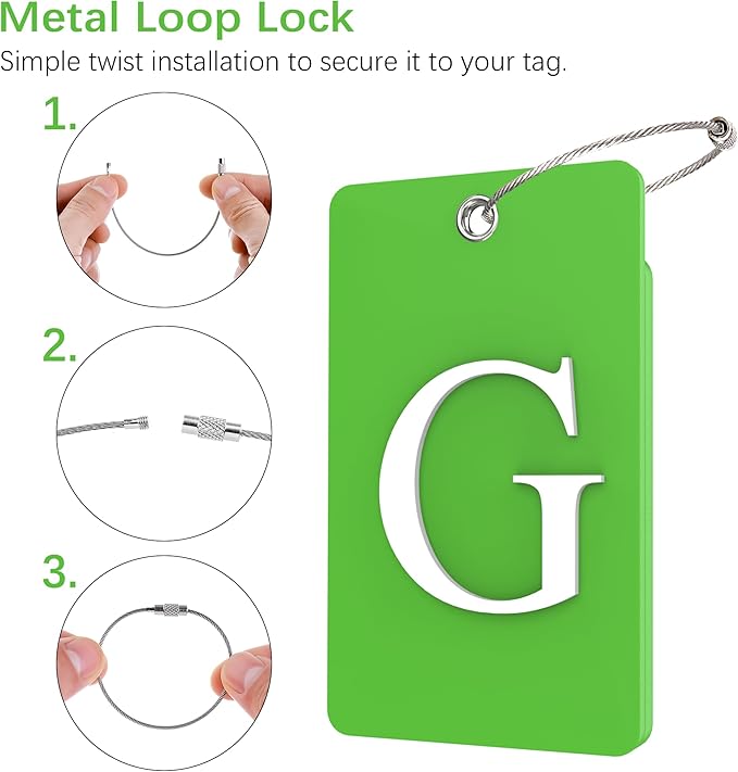 Gostwo 2 Pack Luggage Tags for Suitcases, 26 Initial Letter Travel Luggage Baggage Identification Labels ID Tag Fully Bendable Tags with Stainless Steel Loop (Green) (Letter G)