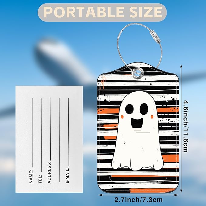Halloween Set of 2 Luggage Tags Cute Ghost on Black and White Stripes Luggage Tags for Suitcases Leather Suitcase Tags with Privacy Name Address Label and Stainless Steel Loop for Women Men Travel Bag