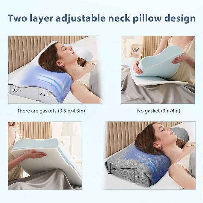 Memory Foam Pillow for Neck & Shoulder Pain Relief - Ergonomic Orthopedic Pillow with Removable Dual-Sided Breathable Pillowcase, CertiPUR-US Certified for Side/Back Sleepers, White & Grey