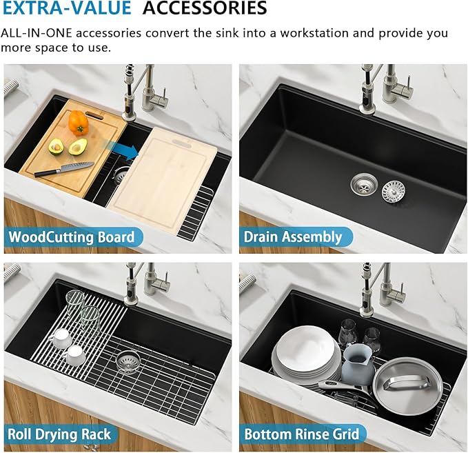 33 Inch Black Granite Composite Kitchen Sink Workstations Black Quartz Undermount Single Bowl Sink with Accessories Single Basin Large Capacity Noise Reduction Quiet Kitchen