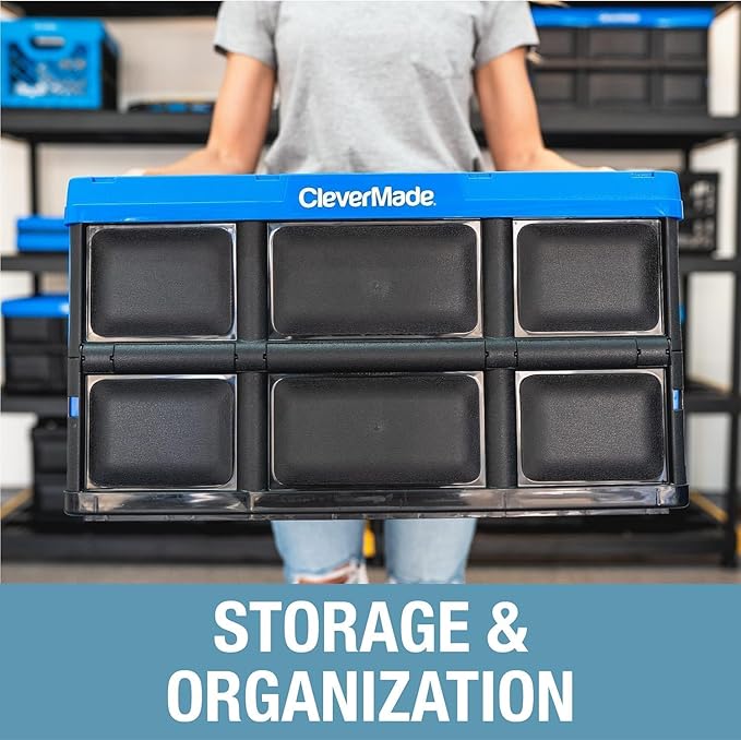 CleverMade Collapsible Storage Bins - Ocean 3 Pack 62L / 16 Gal holds 100 lbs - Stackable Containers Heavy Duty Capacity Crates-Space-Saving